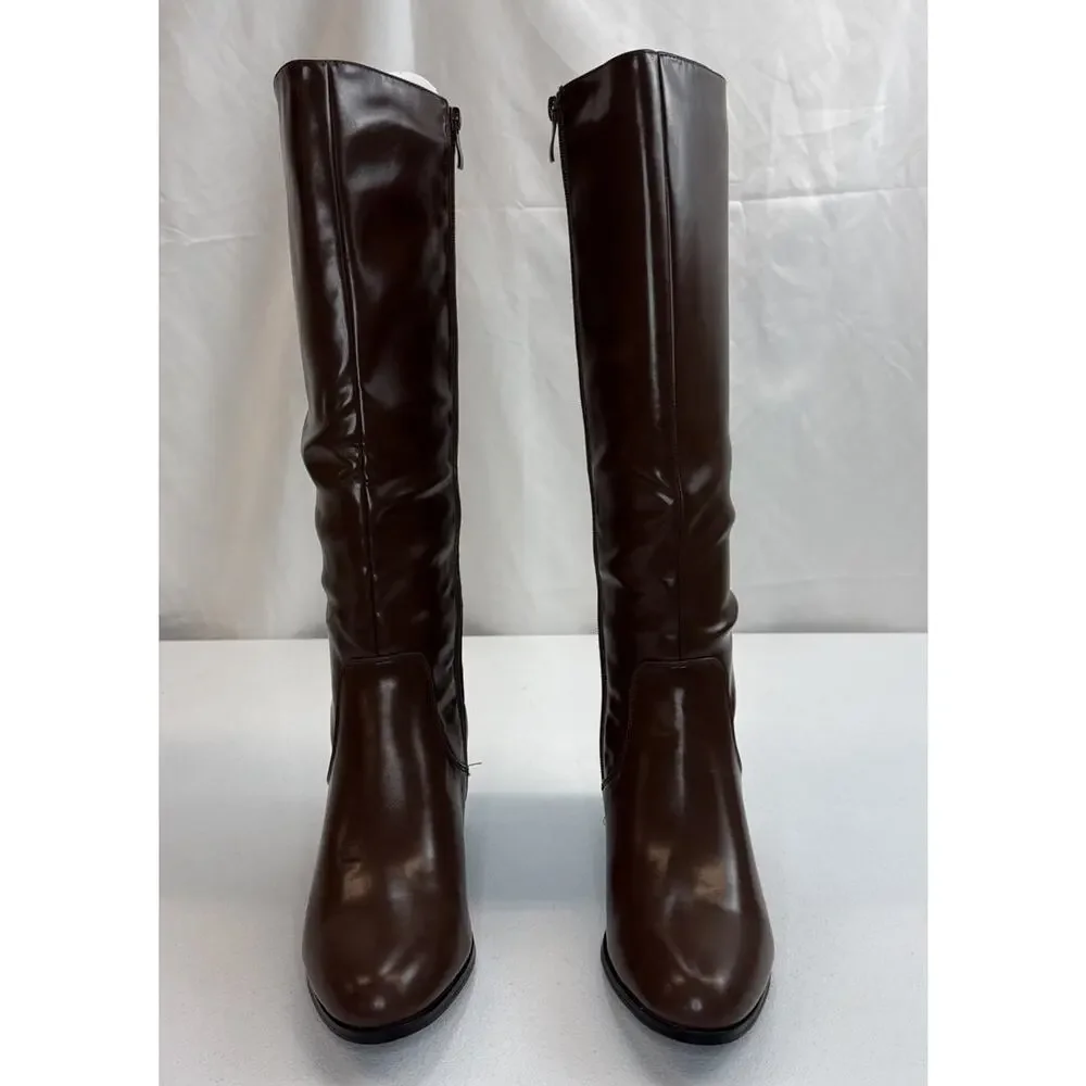 Womens Chocolate Brown Knee High Boots Block Heel Faux Leather Size 7.5